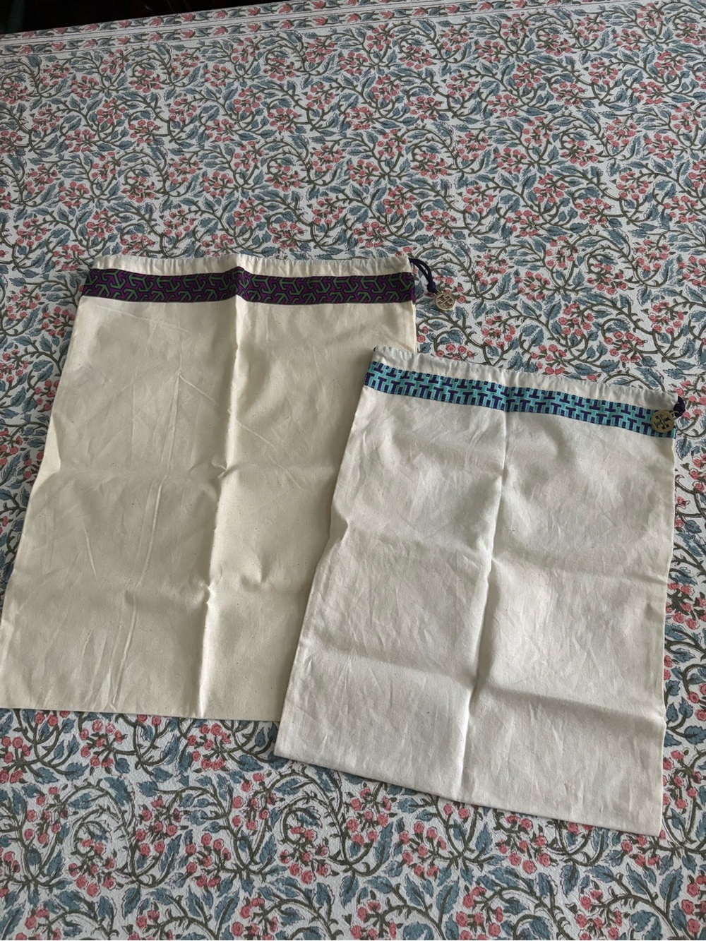 Tory Burch Cream Drawstring Dust Bags with Purple and Blue Trim